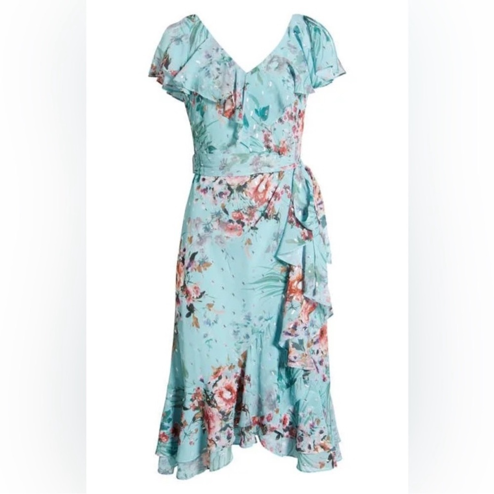 NWOT Eliza J Floral Midi Dress in Blue and Pink Faux Wrap with Tie Waist